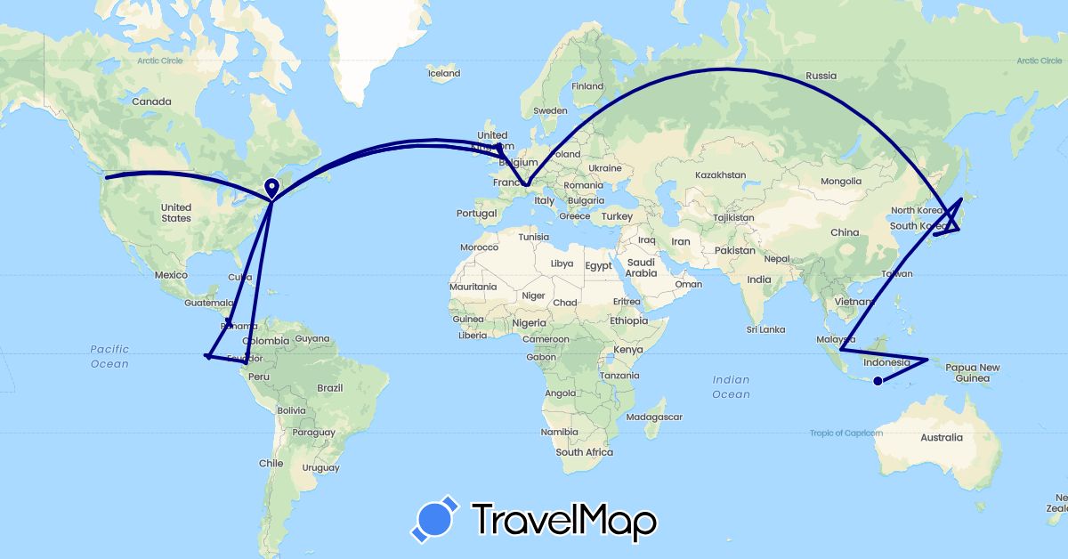 TravelMap itinerary: driving in Switzerland, Costa Rica, Ecuador, France, United Kingdom, Indonesia, Japan, Singapore, United States (Asia, Europe, North America, South America)
